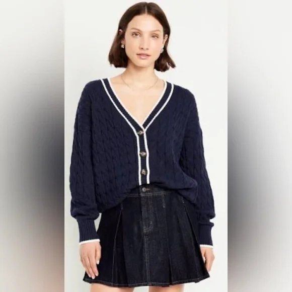 Old Navy Preppy Nautical Oversized Slouchy Cable-Knit Cardigan Sweater NEW - Picture 1 of 6